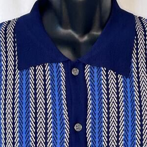 ZFANDA Knit Polo Shirt Blue White Pattern Button Front Men’s Medium Large